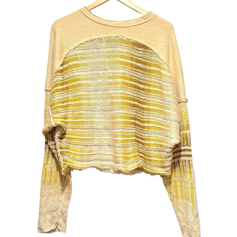 Free People Winnie Sz M Striped Yellow Cropped Boho Long Sleeve Linen Sweater - Picture 2 of 9